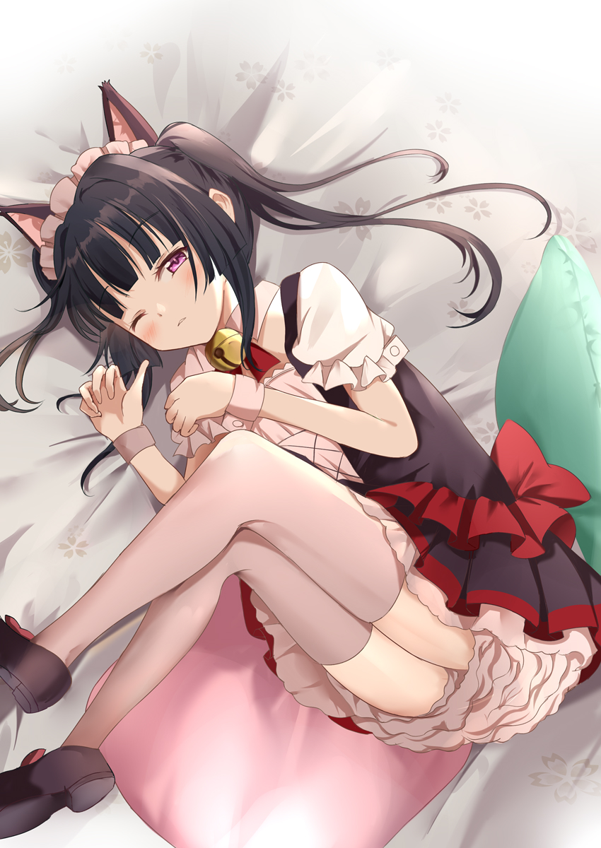 1girl animal_ears bangs bed_sheet bell black_dress black_footwear black_hair blunt_bangs cat_ears closed_mouth commentary dress eyebrows_visible_through_hair fake_animal_ears frilled_dress frills from_above grey_legwear half-closed_eye highres jingle_bell legs_up long_hair looking_at_viewer maid_headdress neck_bell on_bed one_eye_closed puffy_short_sleeves puffy_sleeves purple_eyes rikopin senki_zesshou_symphogear shoes short_dress short_sleeves sleepy solo thighhighs tsukuyomi_shirabe twintails wrist_cuffs