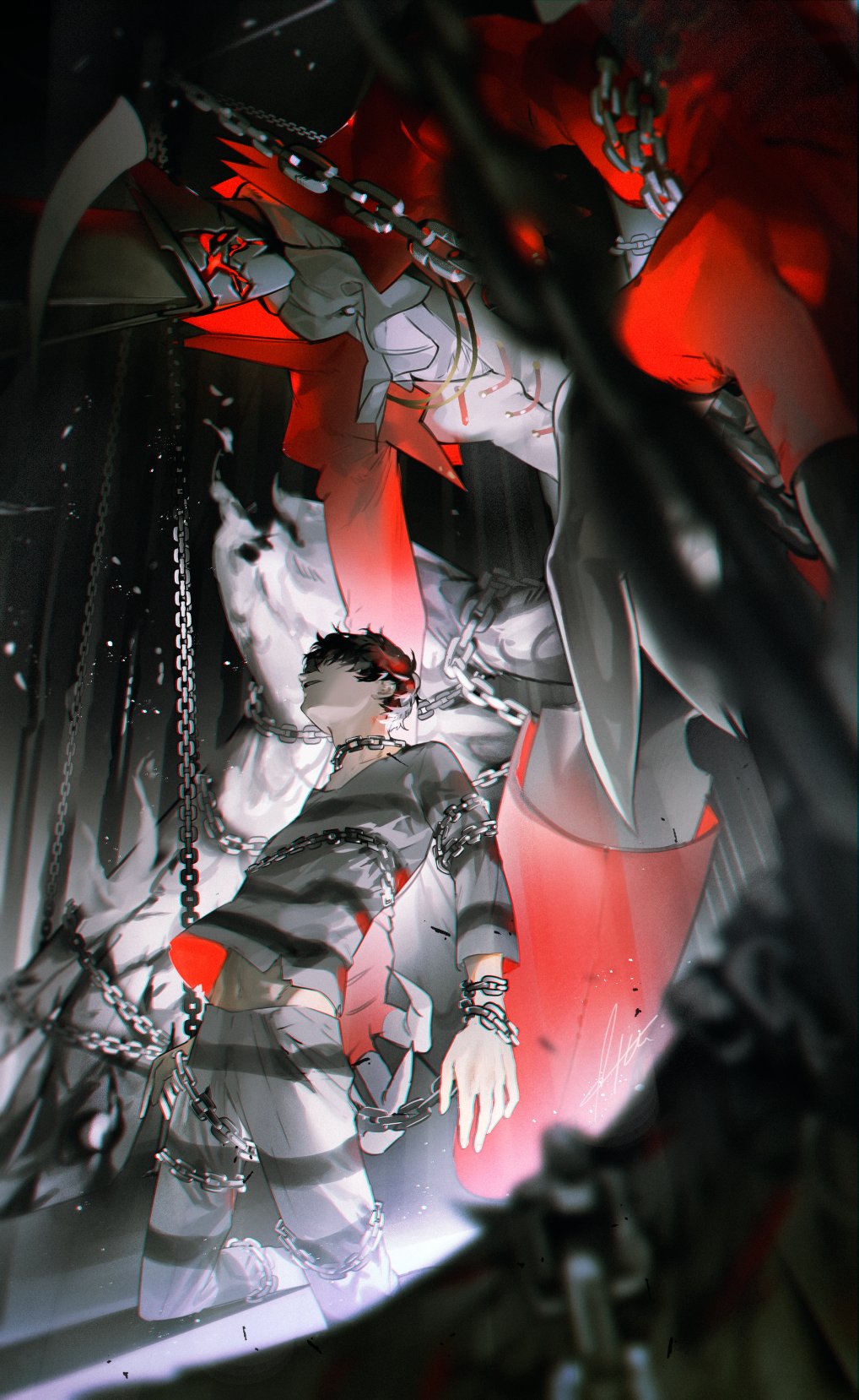 1boy amamiya_ren arsene_(persona_5) ascot bangs black_hair btmr_game chain claws commentary_request hair_between_eyes highres jacket kneeling long_sleeves male_focus mask pants parted_lips persona persona_5 prison_clothes red_jacket signature white_ascot