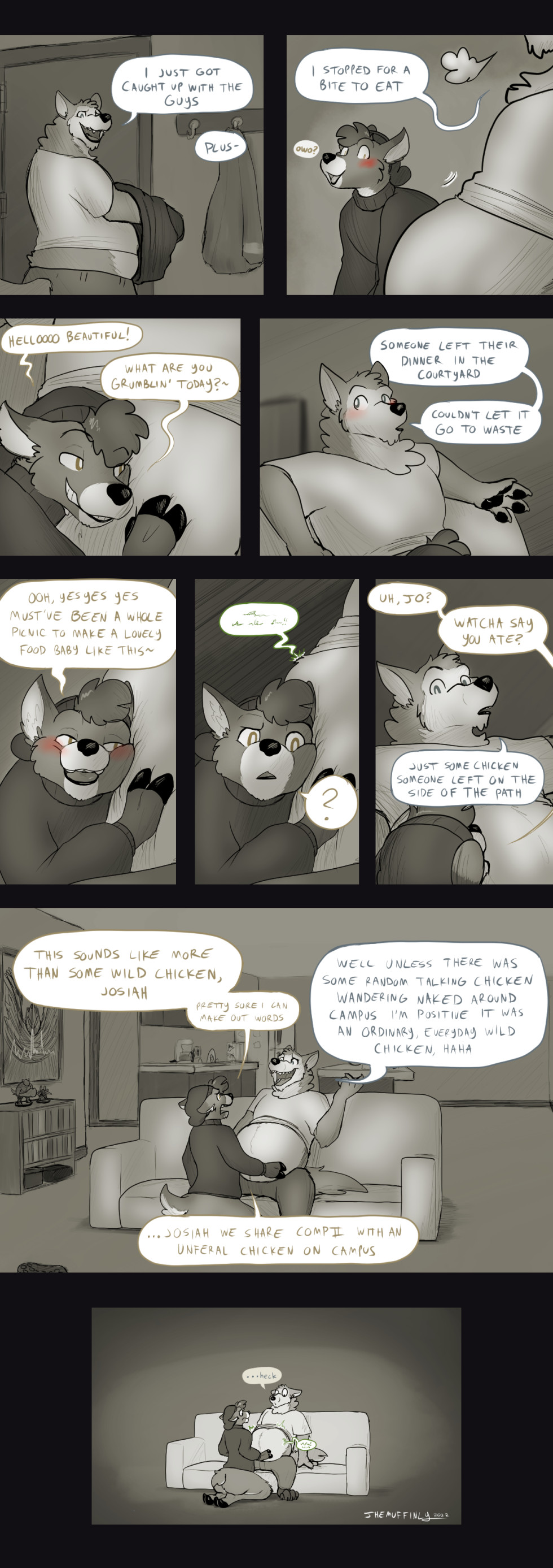 2022 absurd_res anthro belly big_belly blush canid canine canis cervid clothing comic english_text furniture hi_res josiah_(themuffinly) male mammal samuel_(themuffinly) sofa text themuffinly undressing vore wolf
