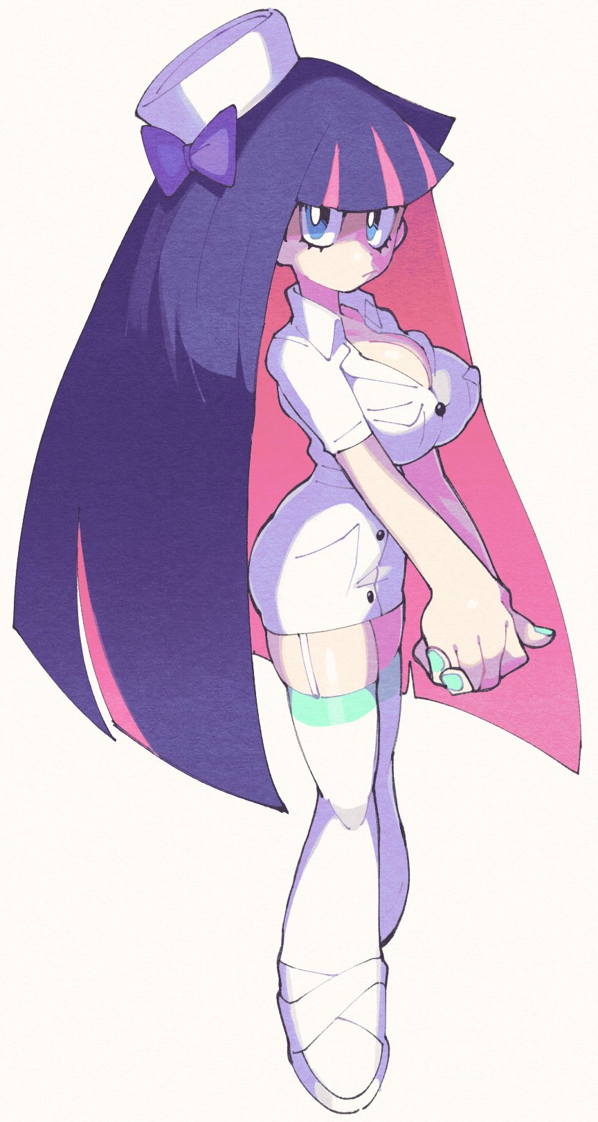 1girl bangs blue_eyes bow breasts cleavage colored_inner_hair hair_between_eyes hair_bow highres inkuusan long_hair looking_at_viewer multicolored_hair nail_polish nurse panty_&amp;_stocking_with_garterbelt popped_button pouty_lips simple_background solo standing stocking_(psg) streaked_hair thick_thighs thighhighs thighs white_background