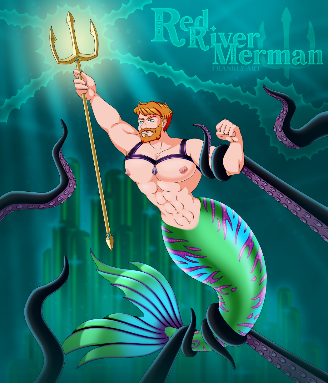 abs bara_tiddies bara_tiddy barazoku bdsm beard bondage bound cephalopod chest_harness coleoid emerald_city facial_hair fish frankly-art hair harness hi_res humanoid humanoid_taur magic male marine marine_taur melee_weapon merfolk mollusk muscular muscular_male navel nipples octopodiform octopus polearm red_hair solo split_form taur tentacle_bondage tentacles trident weapon wide_hips