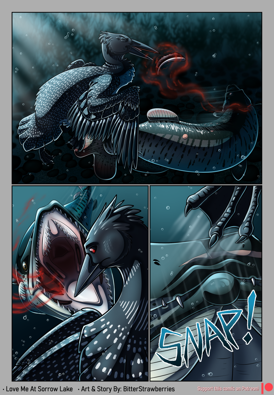 bitterstrawberries blood blood_from_mouth blood_in_mouth bodily_fluids bubble comic duo female feral fin fish hi_res loon marine open_mouth sound_effects teeth tongue underwater water