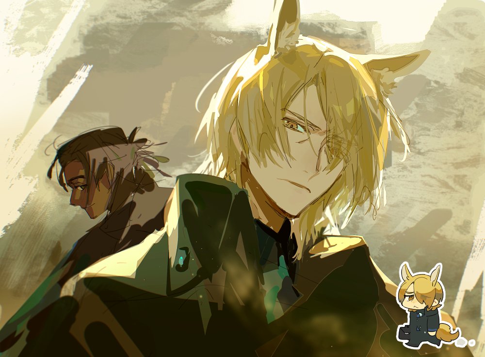 2boys animal_ears arknights blonde_hair briefcase character_request chibi dark-skinned_male dark_skin eyebrows_visible_through_hair eyes_visible_through_hair formal horse_boy horse_ears horse_tail looking_at_viewer male_focus me_(mikannu) mlynar_(arknights) multiple_boys serious suit tail upper_body yellow_eyes