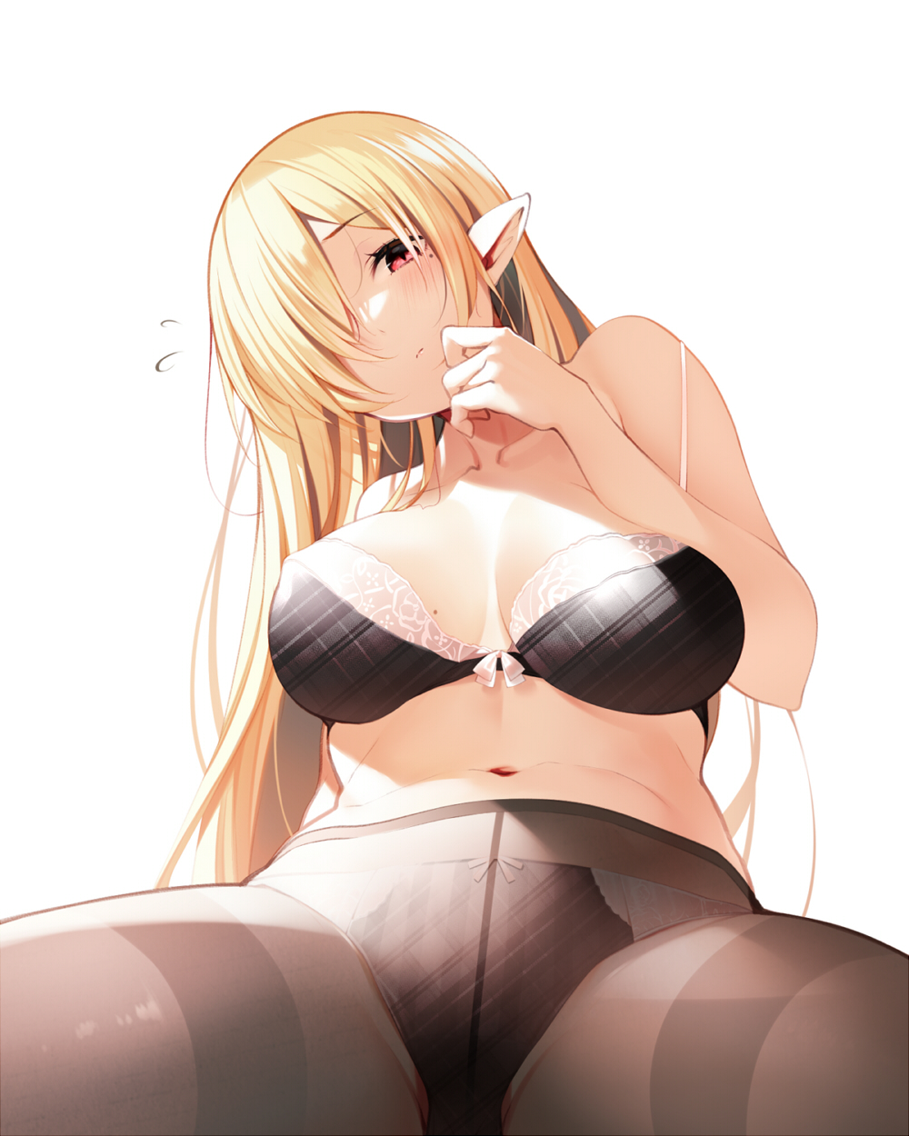 1girl arm_behind_back bare_shoulders black_bra black_panties blonde_hair blush bra breasts cleavage closed_mouth crotch_seam flying_sweatdrops hair_over_one_eye highres large_breasts leaning_back long_hair looking_at_viewer mole mole_on_breast mole_under_eye navel nekomu original panties panties_under_pantyhose pantyhose plaid plaid_bra plaid_panties pointy_ears simple_background sitting solo spread_legs strap_slip thighband_pantyhose underwear very_long_hair white_background