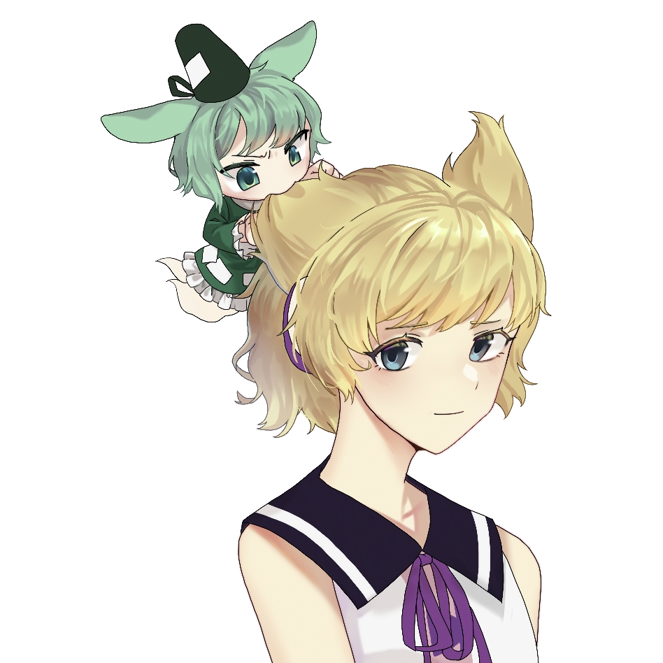 2girls angry animal_ears bangs biting_hair black_sailor_collar blonde_hair blue_eyes blush chibi closed_mouth commentary_request dress earmuffs frilled_sleeves frills ghost_tail green_dress green_eyes green_hair hat long_sleeves looking_at_viewer multiple_girls neck_ribbon ofuda ofuda_on_clothes pointy_ears purple_ribbon rabbit_ears ribbon sailor_collar shirt short_hair simple_background sleeveless sleeveless_shirt smile soga_no_tojiko tate_eboshi touhou toyosatomimi_no_miko user_nduv7232 white_background