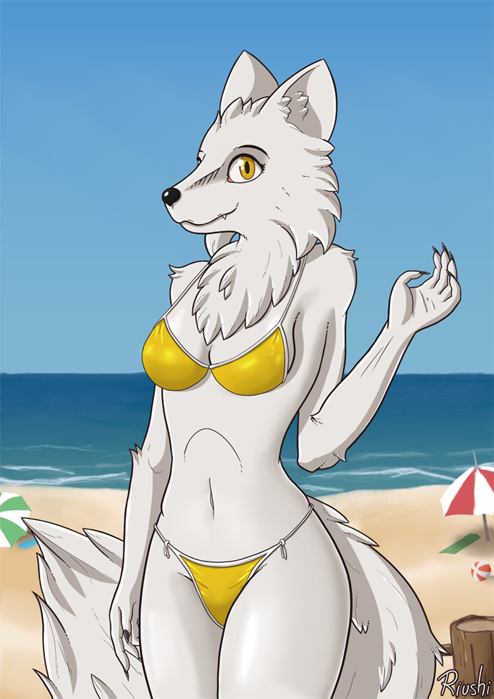 5_fingers amber_eyes anthro beach bikini black_nose breasts canid canine canis chest_tuft cleavage clothed clothing female fingers fur humanoid_hands mammal parasol riushi sand sea seaside smile snout solo swimwear tail_tuft tuft water white_body white_fur wolf yellow_bikini yellow_clothing yellow_swimwear