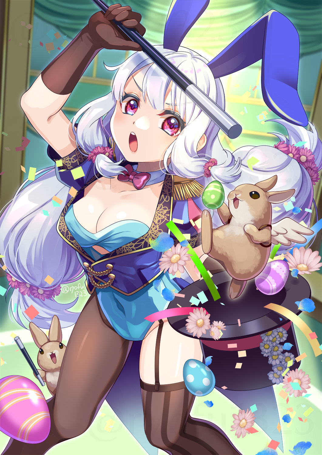 1girl :o animal_ears arm_over_head asymmetrical_legwear bangs bow bowtie breasts bunny cleavage confetti cropped_jacket detached_collar easter_egg egg elbow_gloves epaulettes floral_print flower garter_straps gloves hair_flower hair_ornament hat highres holding holding_clothes holding_hat holding_wand knees_together_feet_apart long_hair looking_at_object magician mismatched_legwear original pantyhose pink_eyes playboy_bunny rabbit_ears ryofuhiko signature solo striped striped_legwear thighhighs top_hat twintails v-shaped_eyebrows very_long_hair wand white_hair winged_animal