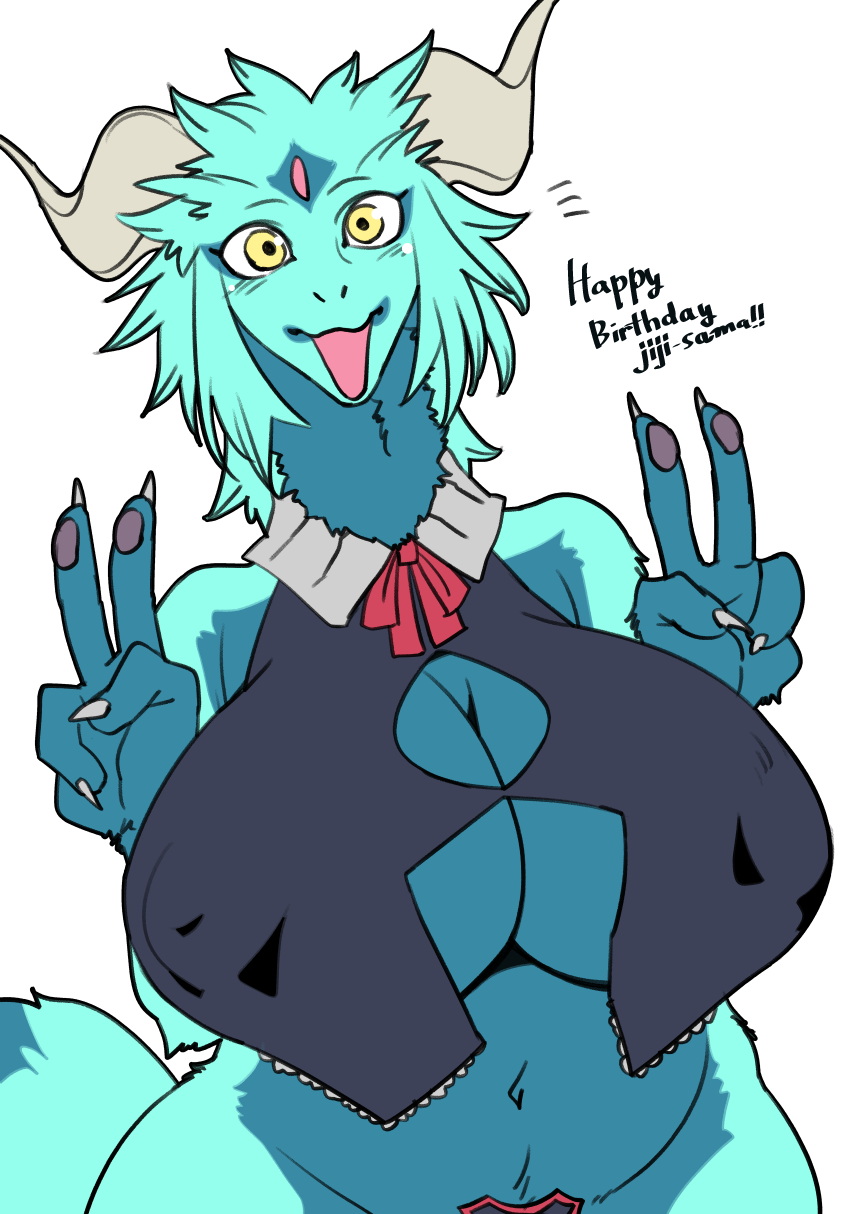 2022 2_horns 4_fingers :d anthro bare_shoulders big_breasts biped black_clothing black_topwear blue_body blue_countershading blue_fur blue_hands blue_markings blue_tail blue_tail_tip breasts claws cleavage_cutout clothing countershade_torso countershading dark_topwear digital_media_(artwork) dipstick_tail double_v_sign dragon eye_markings female finger_claws fingers forehead_gem fur furred_dragon gesture gloves_(marking) green_body green_fur green_tail grey_claws hi_res horn kazuhiro kemono long_neck looking_at_viewer markings monotone_claws monotone_eyes monotone_horn monotone_pawpads multicolored_body multicolored_fur navel nipple_outline open_mouth open_smile pawpads pink_pawpads raised_hand red_ribbon simple_background smile smiling_at_viewer solo tail_markings tan_horns teal_body teal_face topwear two_tone_body two_tone_fur two_tone_tail v_sign white_background yellow_eyes
