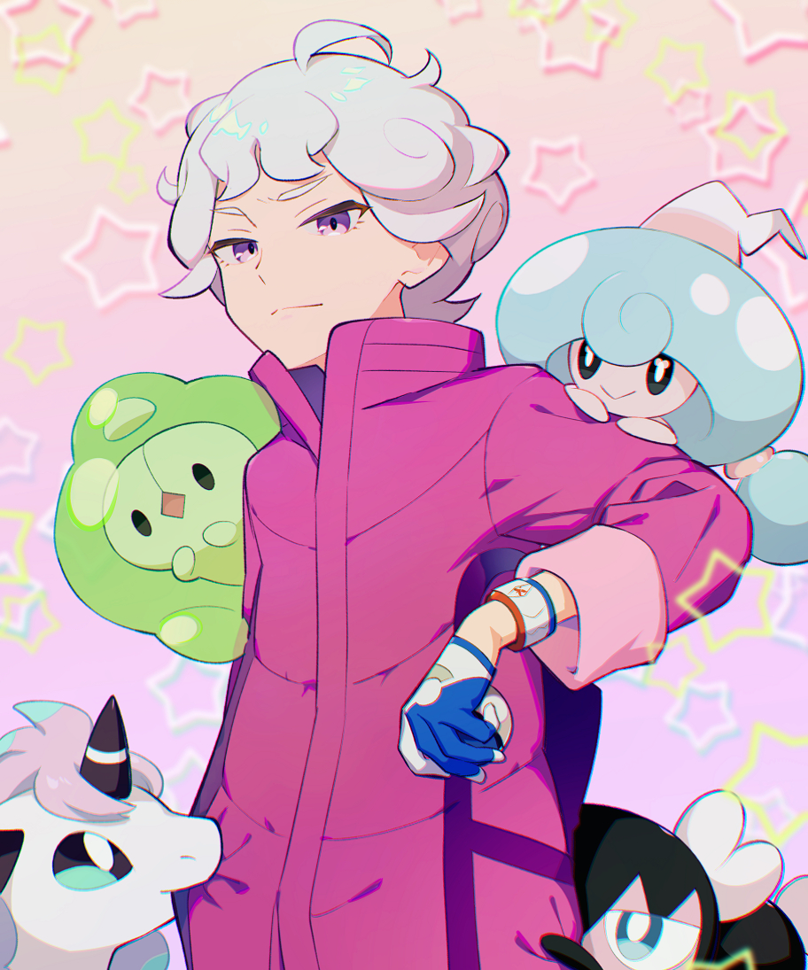 1boy ahoge bangs bede_(pokemon) closed_mouth coat coat_tug commentary_request curly_hair duosion dynamax_band galarian_ponyta gloves gothorita grey_hair hattrem holding kurochiroko looking_at_viewer male_focus pokemon pokemon_(creature) pokemon_(game) pokemon_swsh purple_coat purple_eyes short_hair sleeves_rolled_up star_(symbol)