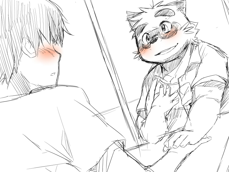 2011 4:3 anthro biped blush canid canine clothing duo eyewear glasses hiroyuki_(morenatsu) human humanoid_hands kemono konbu kounosuke_(morenatsu) male mammal morenatsu raccoon_dog shirt sketch slightly_chubby tanuki topwear video_games visual_novel