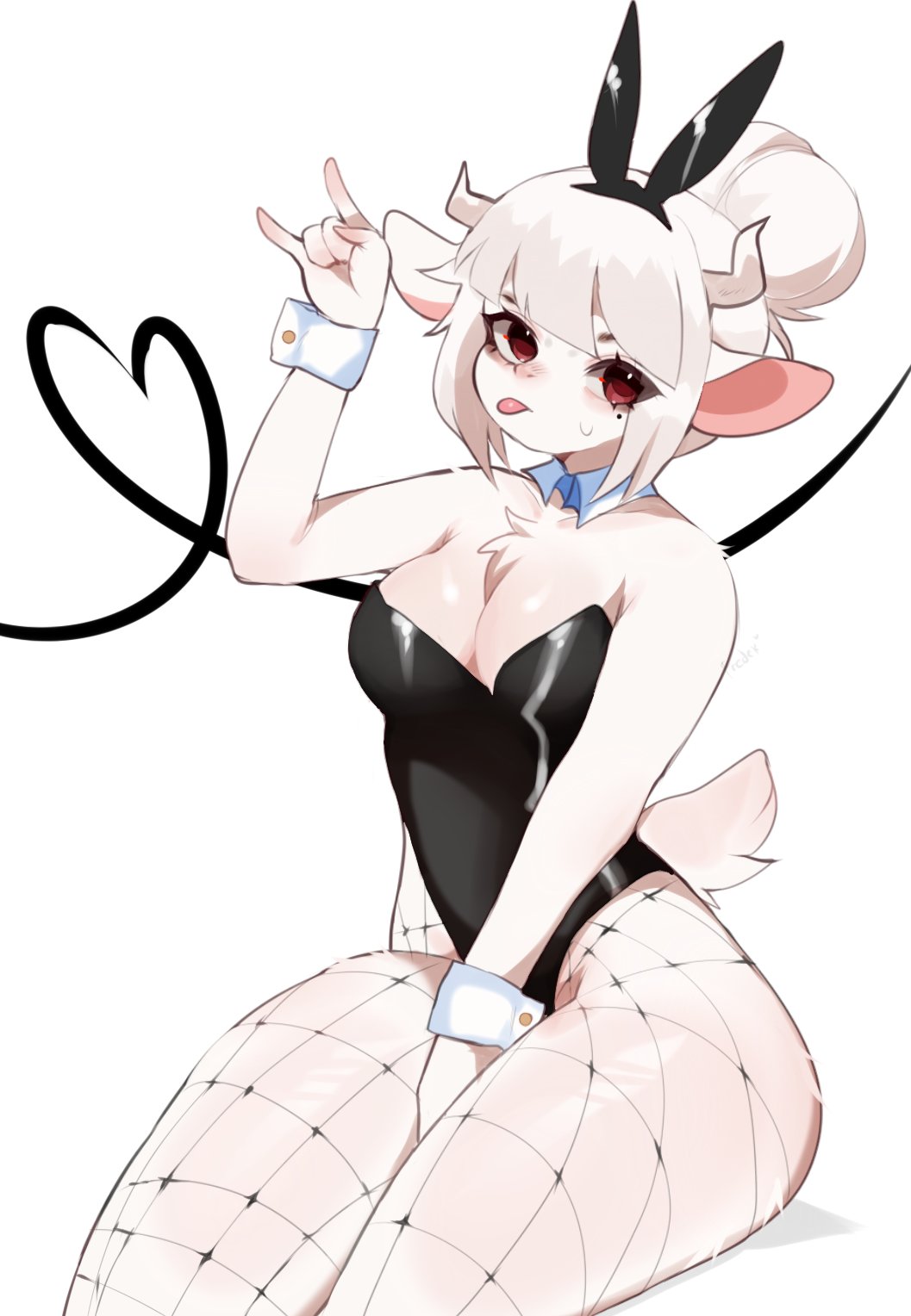 &lt;3 anthro biped bovid bunny_costume caprine clothing costume crossed_legs female fredek666 goat goat_lucifer_(helltaker) hair hair_bun helltaker hi_res horn looking_at_viewer mammal red_eyes simple_background solo tongue tongue_out white_background white_body