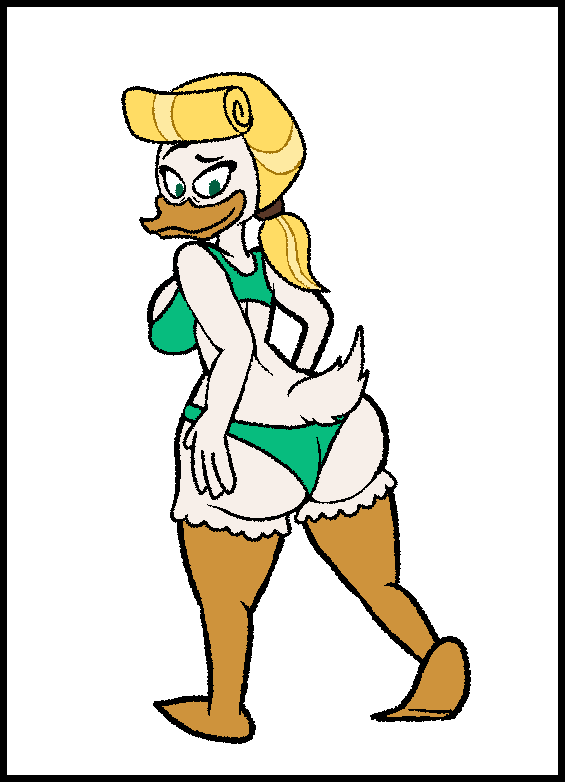 anatid anseriform anthro avian bird clothed clothing disney duck ducktales ducktales_(2017) female goldie_o'gilt looking_back marcodile partially_clothed simple_background solo underwear white_background wide_hips