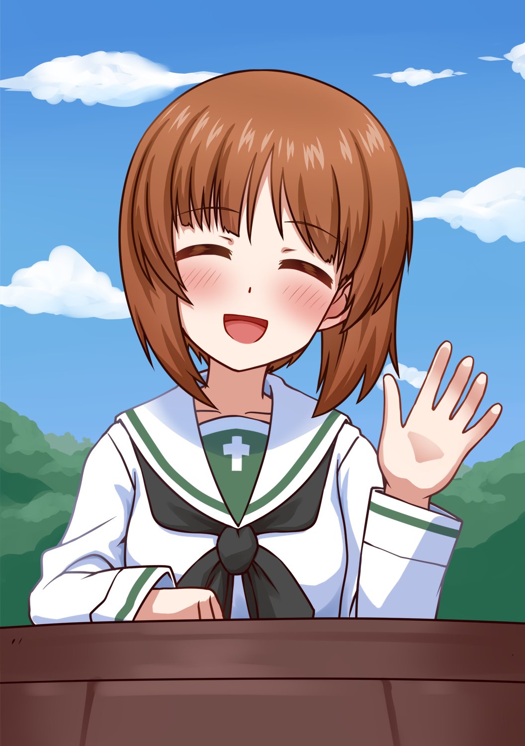 1girl :d bangs black_neckerchief blouse blue_sky blush brown_hair cloud cloudy_sky day facing_viewer girls_und_panzer goriate highres long_sleeves mountainous_horizon neckerchief nishizumi_miho ooarai_school_uniform open_mouth outdoors sailor_collar school_uniform serafuku shirt short_hair sky smile solo tank_cupola upper_body waving white_sailor_collar white_shirt