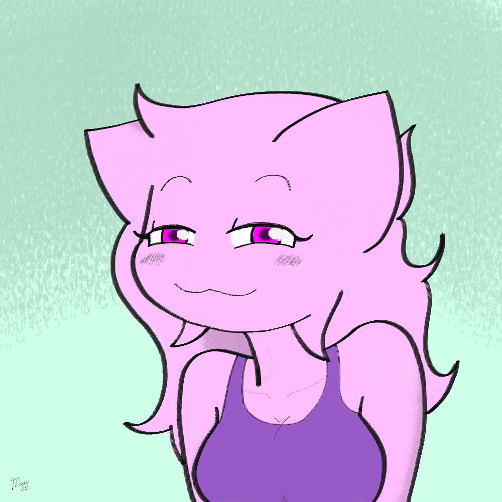 1:1 anthro blush blush_lines breasts bust_portrait cat_ear_shaped_hair cat_smile clothing colored domestic_cat felid feline felis female fur hands_behind_back looking_at_viewer mammal marianne_(mew_arts) mew_arts narrowed_eyes pink_body pink_fur portrait purple_clothing purple_eyes signature simple_background smug smug_expression smug_face solo