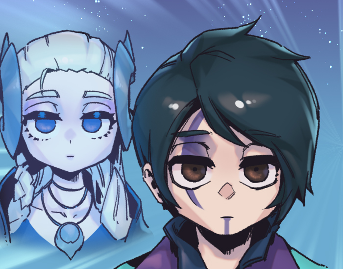 1boy 1girl alune_(league_of_legends) aphelios black_hair blue_eyes braid brother_and_sister closed_mouth expressionless facial_mark hair_ornament league_of_legends looking_at_viewer phantom_ix_row portrait shiny shiny_hair short_hair siblings starry_background