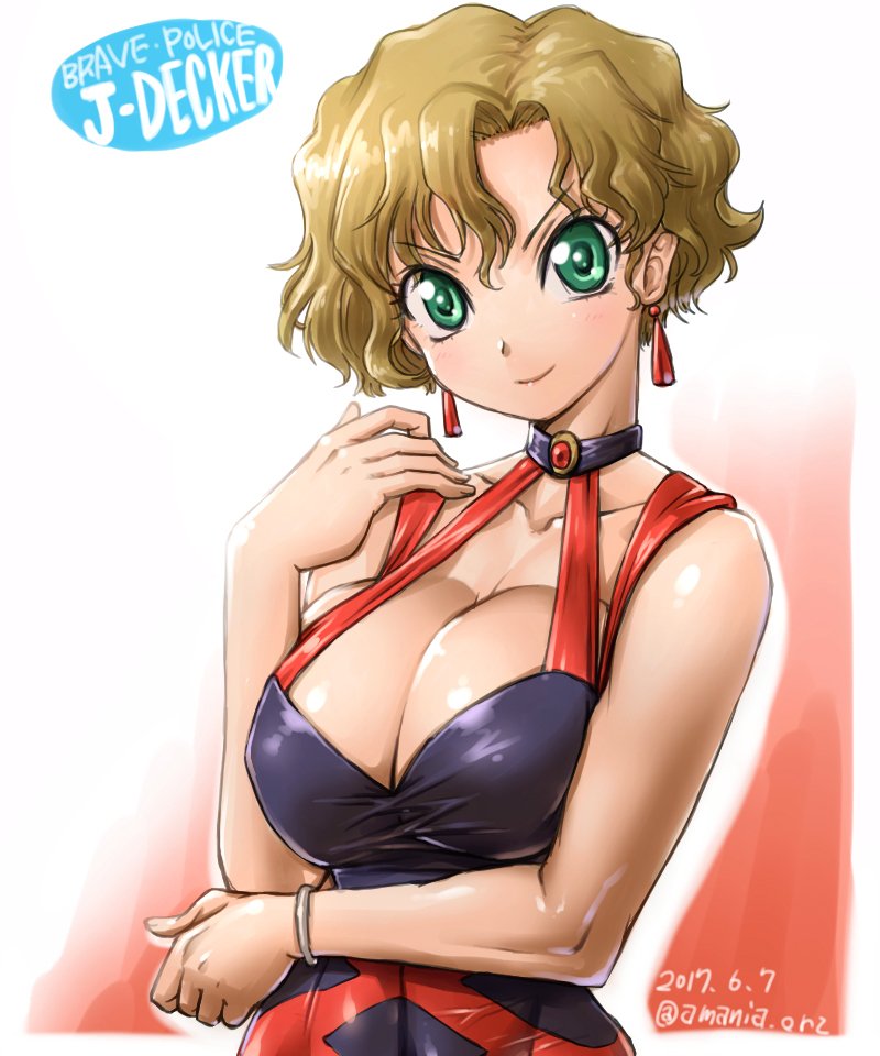 1girl amania_orz blonde_hair blue_eyes breasts cleavage closed_mouth dated dress earrings green_eyes jewelry large_breasts looking_at_viewer regina_argine short_hair simple_background smile solo twitter_username yuusha_keisatsu_j-decker yuusha_series