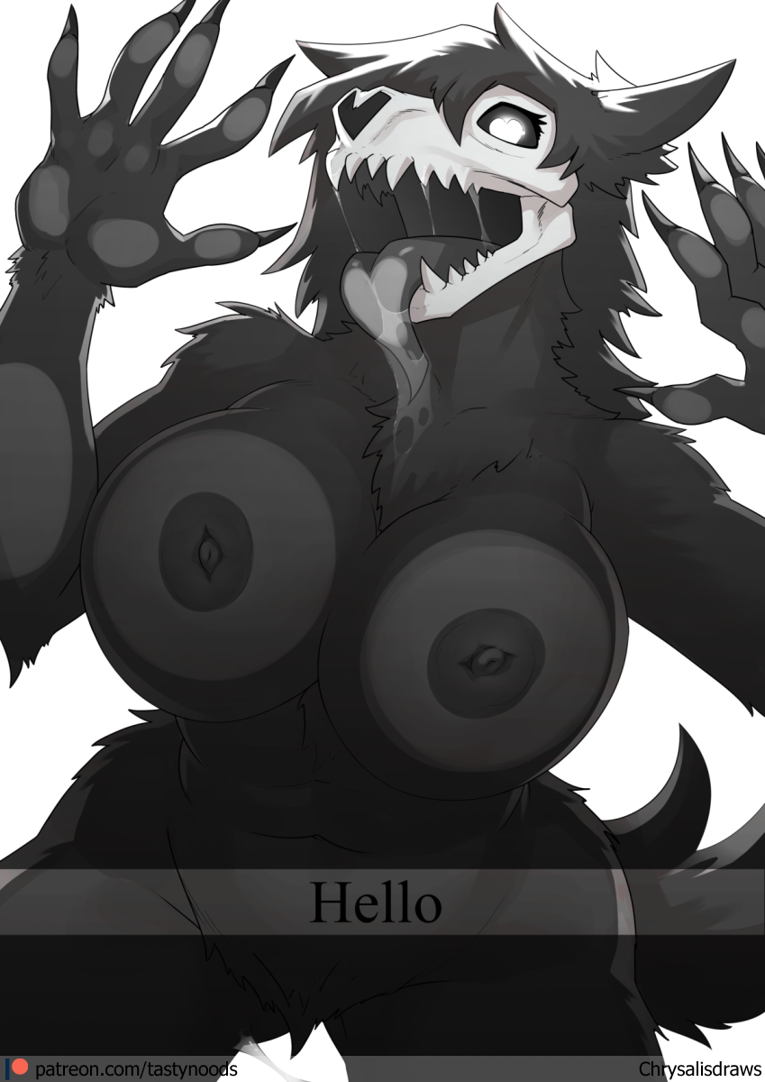 against_surface anthro big_breasts black_body black_fur bone breasts breasts_against_glass canid canine chrysalisdraws english_text female fur hi_res mammal nude on_glass scp-1471-a scp_foundation sharp_teeth simple_background skull skull_head solo teeth text tongue tongue_out white_background