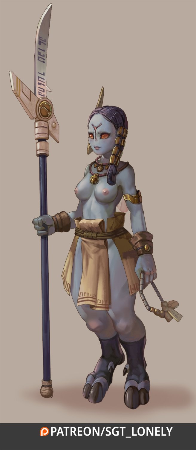 1girl alien armlet asymmetrical_hair beads black_legwear blue_skin breasts colored_skin digitigrade fewer_digits forehead glaive hair_tubes headgear highres holding holding_polearm holding_weapon hooves jewelry medium_breasts medium_hair necklace nipples no_nose orange_eyes pelvic_curtain polearm prayer_beads purple_hair sgt_lonely solid_eyes solo tau thick_thighs thighs toeless_legwear topless warhammer_40k weapon