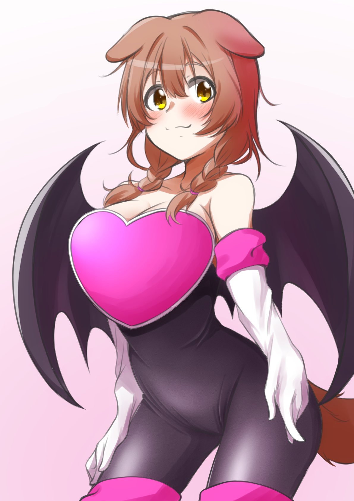 1girl animal_ears bare_shoulders bat_wings blush braid breasts brown_hair cleavage cosplay dog_ears elbow_gloves gloves hair_between_eyes highres hololive inugami_korone leoanil_illust looking_at_viewer no_bra rouge_the_bat rouge_the_bat_(cosplay) smile solo sonic_(series) sonic_adventure_2 standing thighhighs twin_braids virtual_youtuber white_gloves wings yellow_eyes