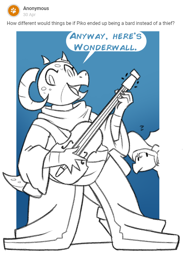 2022 anthro clothed clothing digital_media_(artwork) dragon duo english_text female horn kobold looking_at_viewer male musical_instrument piko_(simplifypm) potoobrigham pseftis_savra reptile robe scalie smile text