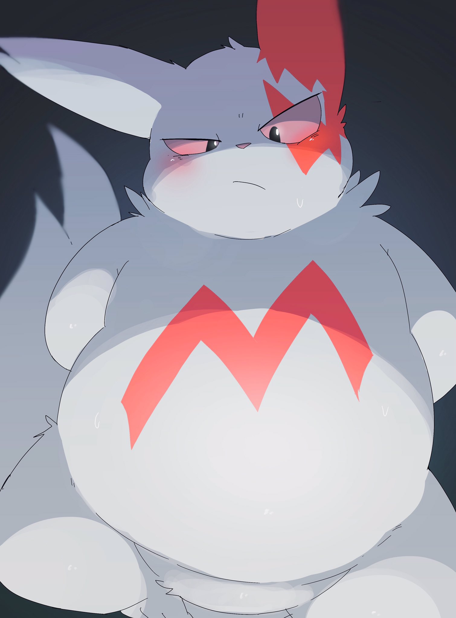 anthro belly blush dorobo_39 fluffy fluffy_tail fupa fur hi_res neck_tuft nintendo overweight pink_eyes pok&eacute;mon pok&eacute;mon_(species) solo tuft video_games white_body white_fur zangoose