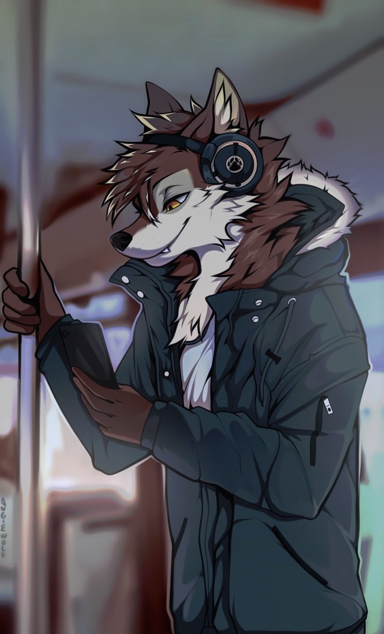 2022 5_fingers angiewolf anthro canid canine canis cellphone clothing fingers fur headphones hi_res jacket male mammal multicolored_body multicolored_fur phone pole public_transportation smartphone smile solo topwear two_tone_body two_tone_fur wolf