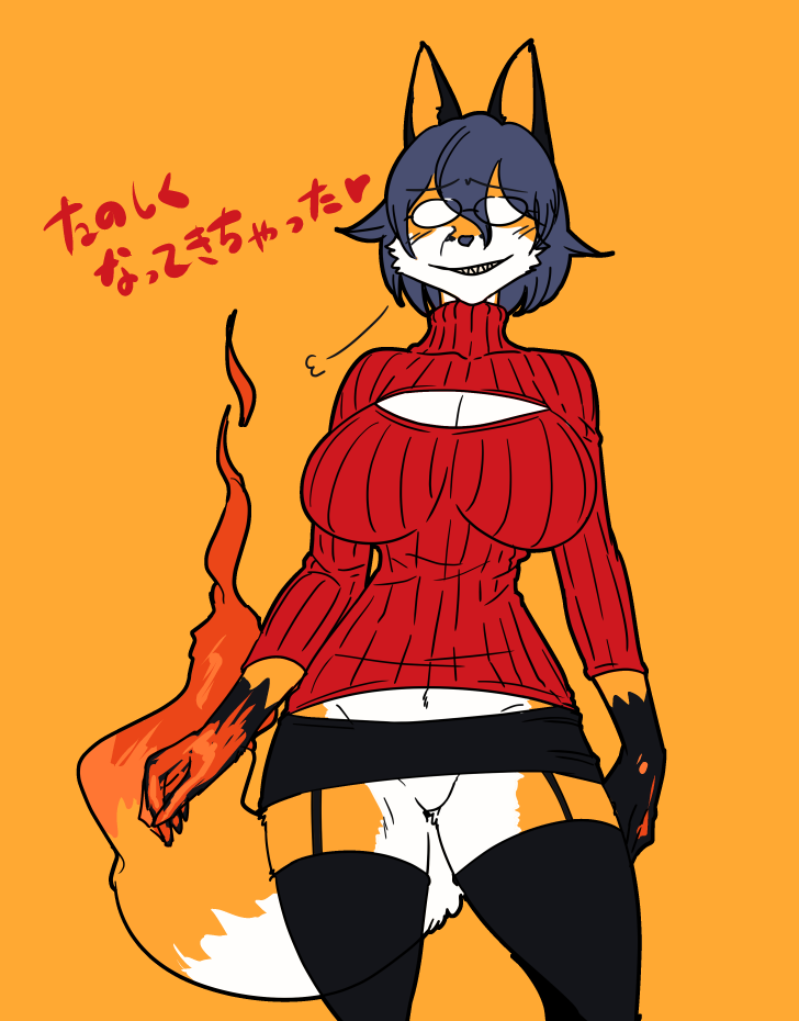 2016 anthro big_breasts black_body black_bottomwear black_clothing black_ears black_fur black_hands black_legwear black_skirt black_thigh_highs blue_hair blue_nose bottomwear breasts canid canine cheek_tuft cleavage cleavage_cutout clothed clothing countershade_face countershade_legs countershade_torso countershading dark_ears dark_hands digital_media_(artwork) eyebrow_through_hair eyebrows eyewear facial_tuft featureless_crotch female fox fur garter_straps glasses gloves_(marking) grin hair heart_after_text japanese_text kazuhiro kemono legwear light_body light_countershading mammal markings microskirt miniskirt monotone_clothing monotone_ears monotone_hair monotone_inner_ear monotone_legwear monotone_nose monotone_thigh_highs multicolored_body multicolored_fur no_underwear orange_background orange_body orange_fur orange_inner_ear portrait red_clothing red_sweater red_topwear ribbed_clothing ribbed_sweater sharp_teeth short_hair simple_background skirt smile solo sweater teeth text thigh_highs three-quarter_portrait topwear translation_request translucent translucent_hair tuft turtleneck_sweater white_body white_countershading white_fur