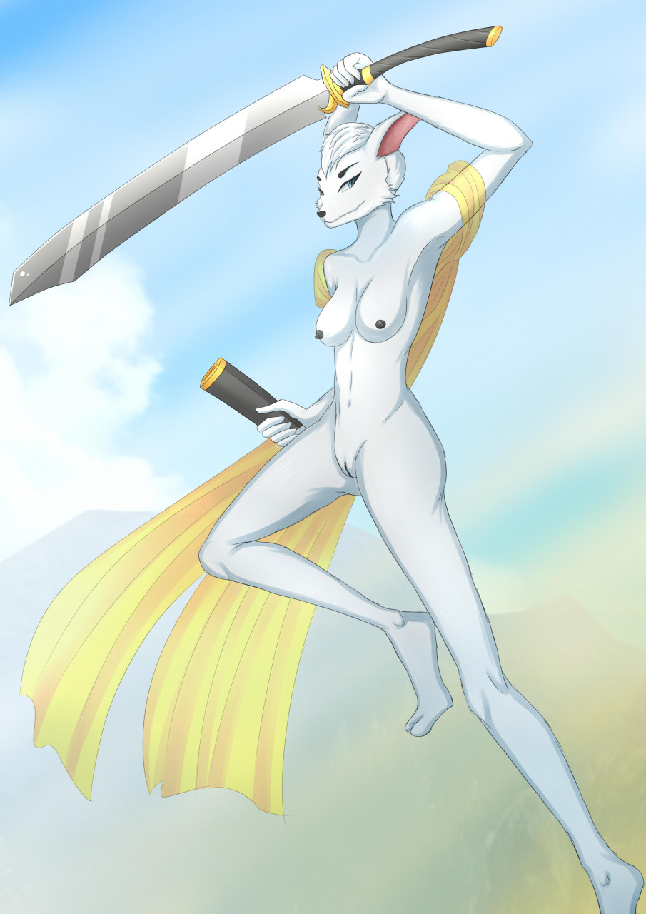 ance.art anthro athletic beast_warriors canid canine canis female flowing_clothing genitals hi_res inari_talrin mammal melee_weapon nude pussy solo sword sword_dancer weapon wolf