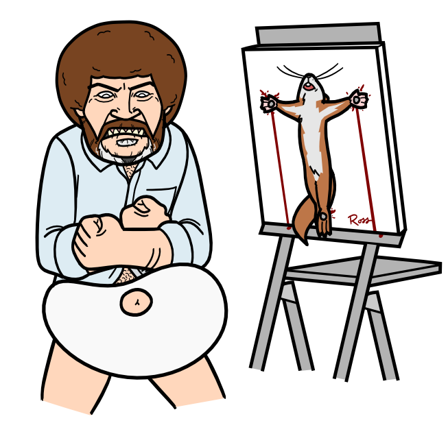 blood bob_ross bodily_fluids crucified feral gore human male male/male mammal peapod_the_squirrel rodent sciurid sunblock_(artist) the_joy_of_painting