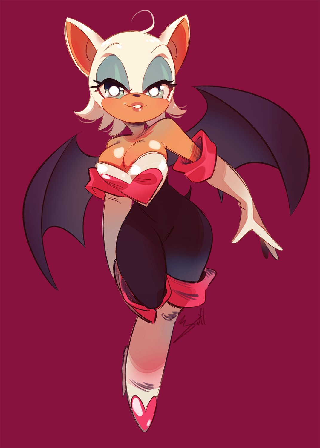 anthro bat_wings breasts chiropteran cleavage clothed clothing eyeshadow female footwear gloves handwear hi_res lipstick makeup mammal membrane_(anatomy) membranous_wings nickromancer21 rouge_the_bat sega simple_background smile solo sonic_the_hedgehog_(series) tan_body tan_skin wings