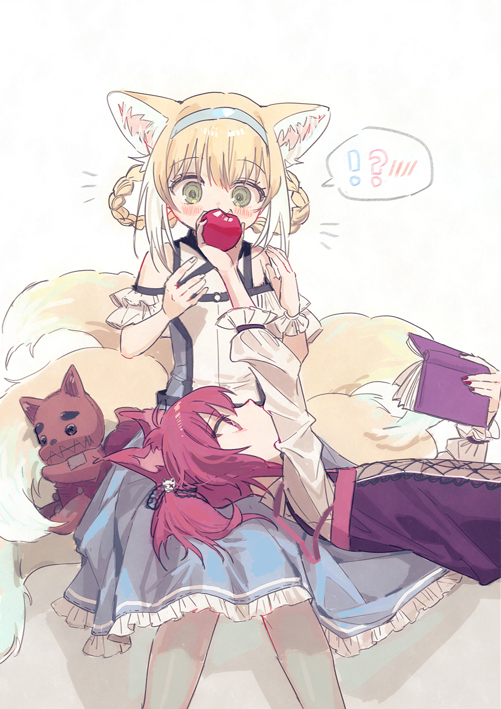 2girls animal_ears apple arknights book food fox_ears fox_girl fruit highres holding holding_book kitsune kyuubi lap_pillow multiple_girls multiple_tails red_(girllove) shamare_(arknights) stuffed_toy stuffed_wolf suzuran_(arknights) tail