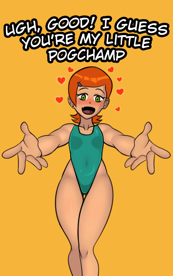 1girl ben_10 english_text eyebrows_visible_through_hair green_eyes gwendolyn_tennyson looking_at_viewer meme my_little_pogchamp_(meme) one-piece_swimsuit open_mouth orange_hair pogchamp pov short_hair simple_background smile solo solo_focus steca swimsuit