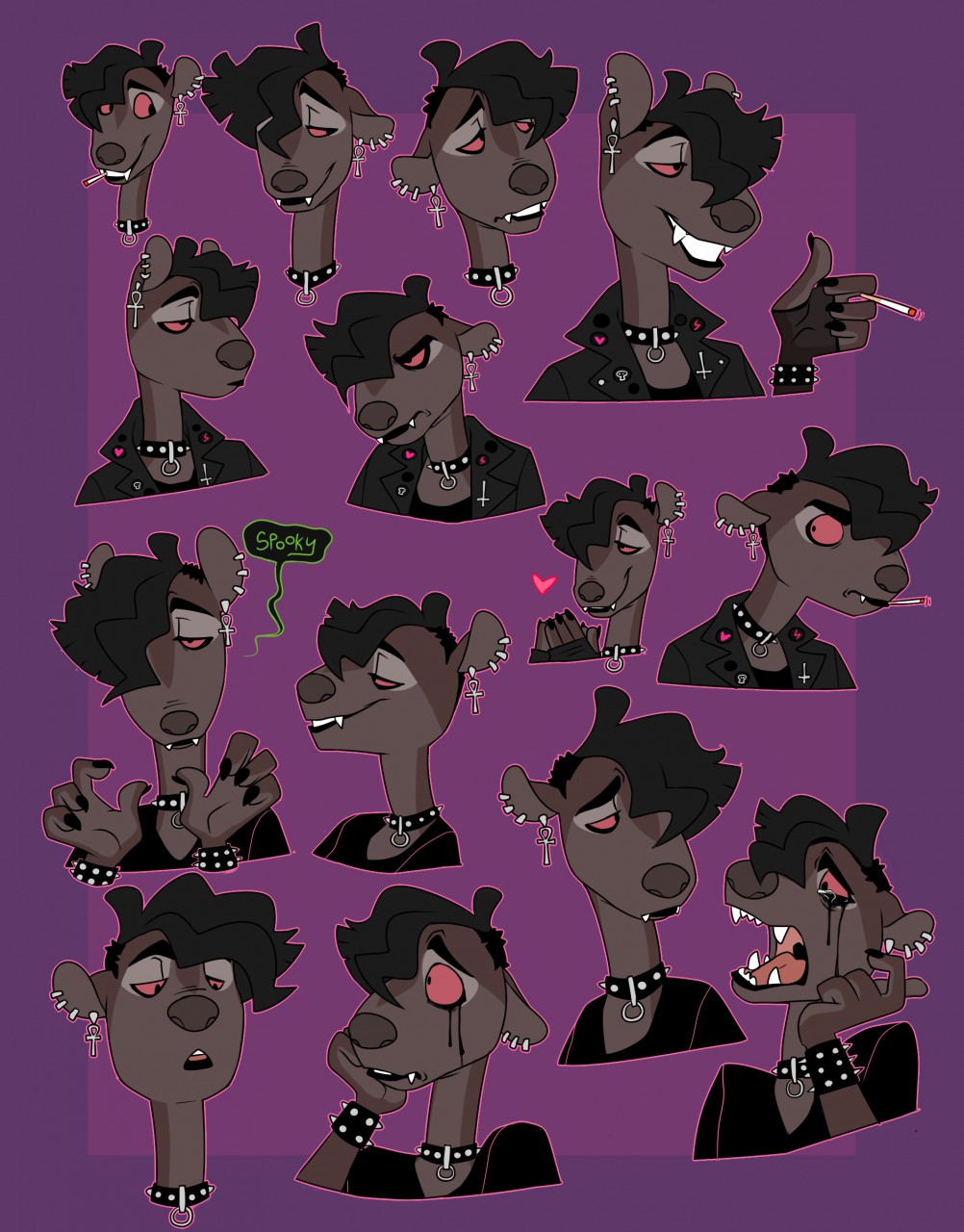 &lt;3 anthro bodily_fluids brown_body brown_fur brown_hair cadaverrdog cigarette clothing collar crying ear_piercing ear_ring euplerid fangs fossa fur goth hair hair_over_eye half-closed_eyes hi_res jacket leather leather_clothing leather_jacket leather_topwear lips male mammal mesh_top narrowed_eyes one_eye_obstructed open_mouth piercing purple_background rate raziel_(fleetwoodbrak) red_sclera simple_background smeared_eyeshadow smeared_makeup smeared_mascara smile smirk smoking smoking_tobacco smug smug_face smug_grin solo studded_bracelet studded_collar tears thick_bottom_lip topwear wide_eyed