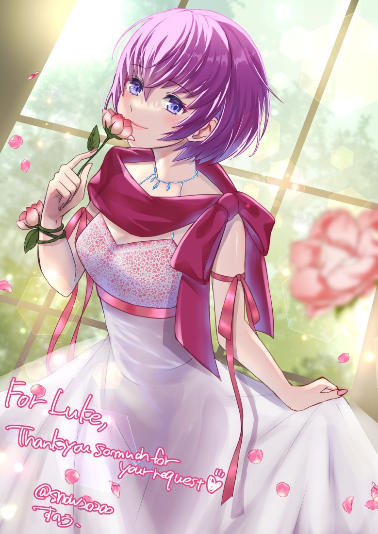 1girl dress eyebrows_visible_through_hair fire_emblem fire_emblem:_mystery_of_the_emblem flower holding holding_flower katarina_(fire_emblem) looking_at_viewer petals purple_eyes purple_hair ribbon short_hair smile snow20200 wedding_dress