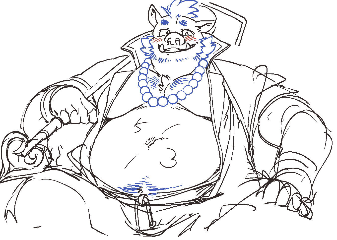 anthro belly blue_hair blush body_hair chest_hair exe_exem gouryou grin hair happy_trail lifewonders male mammal naughty_face overweight pecs sketch smile solo staff suid suina sus_(pig) tokyo_afterschool_summoners tusks video_games wild_boar