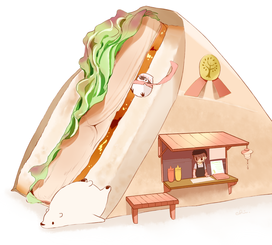 1girl animal apron awning bear bench bird chai_(drawingchisanne) commentary_request food food_focus in_food ketchup_bottle minigirl mustard_bottle on_food original penguin polar_bear sandwich shop signature sliding undersized_animal white_background wrapper