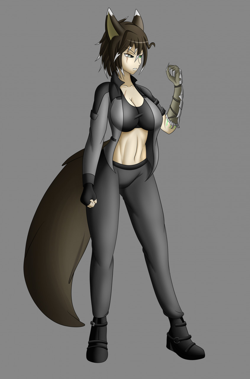 animal_ears animal_tail aventis_vixxx clothing female gloves green_eyes handwear heterochromia hi_res humanoid hybrid navel scar silver_eyes simple_background solo