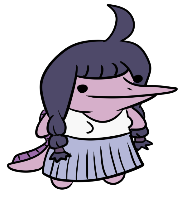 alpha_channel anthro bottomwear breasts chibi clothed clothing dinosaur female goodbye_volcano_high hair humanoid long_snout pigtails purple_body purple_eyes purple_hair purple_skin reptile rosemary_(gvh) scalie simple_background skirt small_breasts snoot_game_(fan_game) snout solo transparent_background unknown_artist video_games