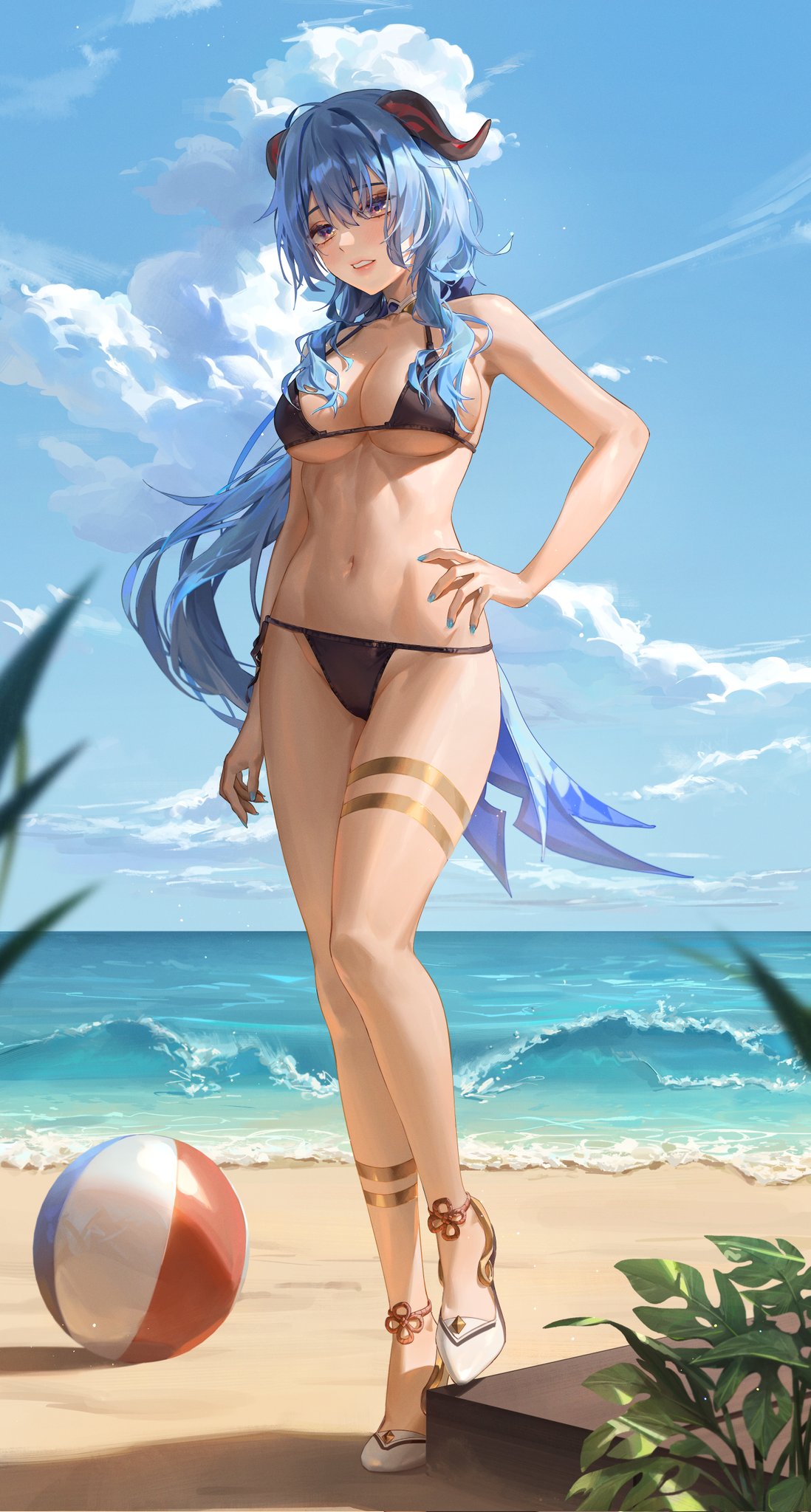 ahoge ball bangs beach beachball bikini blue_hair blue_sky breasts brown_bikini cloud colored_tips ganyu_(genshin_impact) garters genshin_impact goat_horns highres horns large_breasts leg_garter long_hair minttchocok multicolored_eyes multicolored_hair navel ocean purple_eyes sidelocks sky swimsuit waves white_footwear