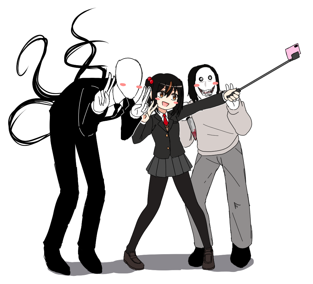 1girl 2boys :d black_footwear black_hair black_jacket black_legwear black_necktie black_pants blazer blood blood_on_knife blush_stickers brown_eyes brown_footwear brown_hair cellphone character_request collared_shirt creepypasta double_v faceless faceless_male formal grey_pants grey_shirt grey_skirt hair_bobbles hair_ornament holding holding_knife jacket knife loafers multicolored_hair multiple_boys nanju_bami necktie original pants pantyhose phone pleated_skirt red_necktie school_uniform selfie selfie_stick shadow shirt shoes skirt slender_man smile streaked_hair suit sweater_vest sweatshirt twintails v white_background white_shirt