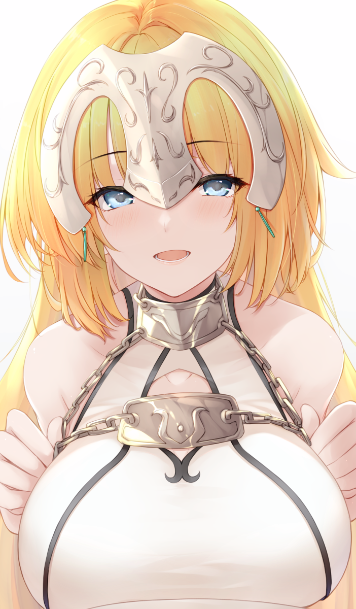 1girl armor armored_dress bangs blonde_hair blue_eyes blush breasts chain collar dress fate/apocrypha fate/grand_order fate_(series) headpiece highres jeanne_d'arc_(fate) jeanne_d'arc_(ruler)_(fate) large_breasts long_hair looking_at_viewer metal_collar open_mouth smile solo tohoho_(hoshinoyami) very_long_hair white_dress
