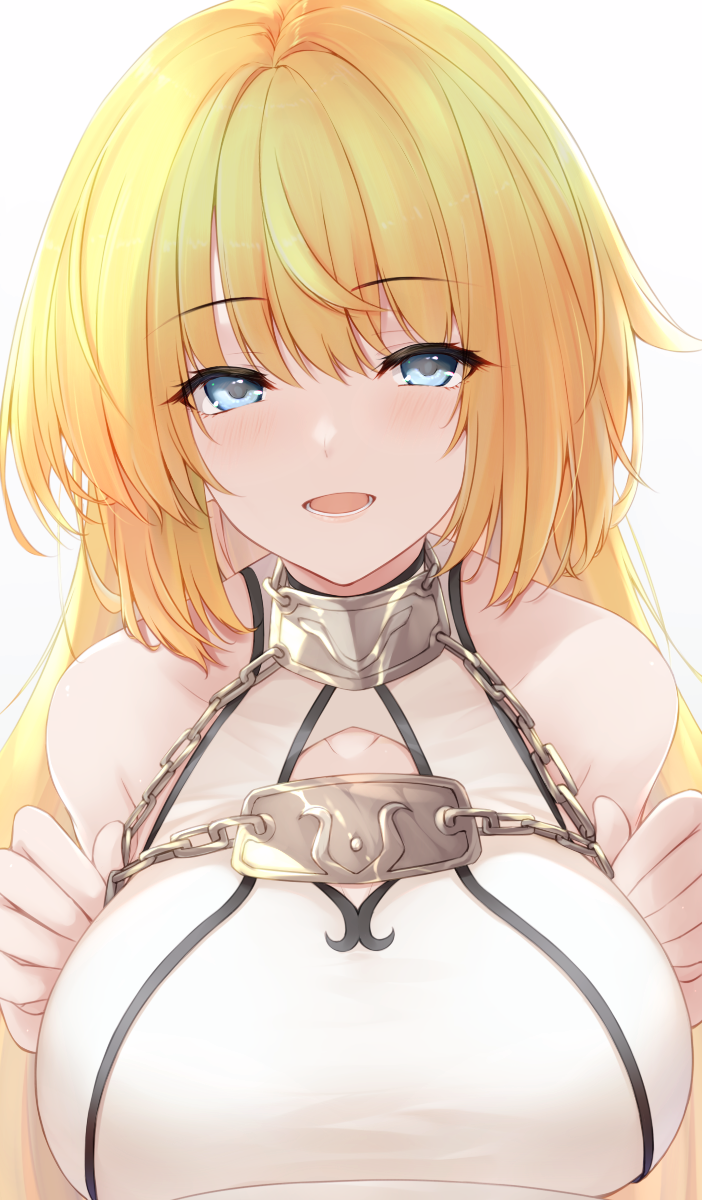1girl armor armored_dress bangs blonde_hair blue_eyes blush breasts chain collar dress fate/apocrypha fate/grand_order fate_(series) highres jeanne_d'arc_(fate) jeanne_d'arc_(ruler)_(fate) large_breasts long_hair looking_at_viewer metal_collar open_mouth smile solo tohoho_(hoshinoyami) very_long_hair white_dress