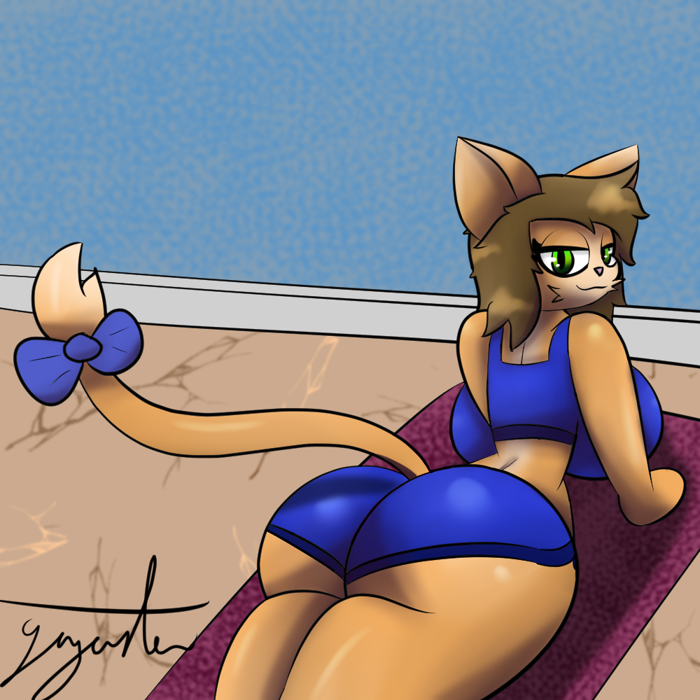 1:1 2022 accessory anthro back_boob bedroom_eyes big_breasts big_butt blue_clothing blue_topwear bottomwear bow bow_accessory breasts brown_body brown_fur brown_hair bubble_butt butt clothed clothing crop_top digital_media_(artwork) domestic_cat felid feline felis female fur furgonomics gazaster green_eyes hair half-closed_eyes hotpants inside looking_at_viewer looking_back lying mammal multi_tone_fur nacho_(gazaster) narrowed_eyes nonbinary_(lore) on_front presenting presenting_hindquarters rear_view ribbons seductive shirt shorts simple_background smile smug solo tail_accessory tail_bow tail_ribbon tan_body tan_fur thick_thighs topwear trans_(lore) wide_hips yoga yoga_mat