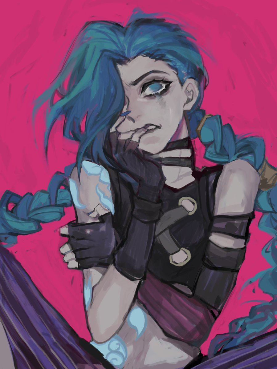 1girl 8h_kt arcane:_league_of_legends arm_strap arm_tattoo bare_shoulders black_choker black_gloves blue_eyes blue_hair blue_nails choker deep_skin eyelashes finger_in_own_mouth fingerless_gloves fingernails gloves hair_over_one_eye jinx_(league_of_legends) league_of_legends long_hair painterly parted_lips runny_makeup shoulder_tattoo solo stomach_tattoo striped tattoo teeth twintails very_long_fingernails