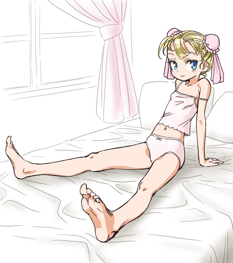 1girl barefoot bed blonde_hair blue_eyes bun_cover chrono_cross closed_mouth curtains double_bun full_body looking_at_viewer marcy_(chrono_cross) navel panties pillow s-a-murai short_hair smile solo strap_slip underwear window
