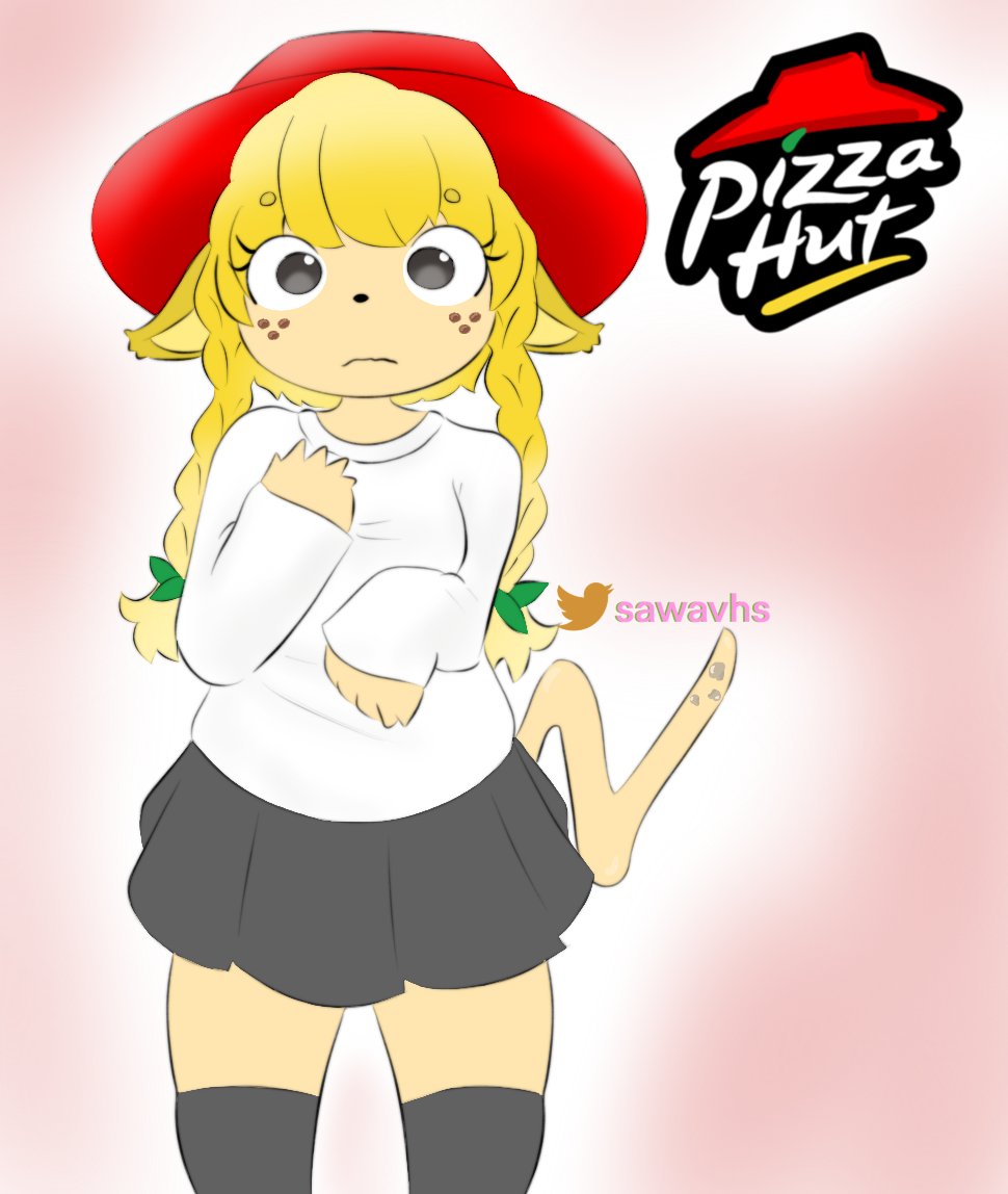 animal_humanoid anthro black_clothing black_legwear black_stockings blonde_hair canid canine clothing company company_name female food freckles hair hat headgear headwear humanoid kemono legwear mammal mochagato pizza pizza_hut sawavhs sawavhs_(artist) solo stockings thigh_highs watermark