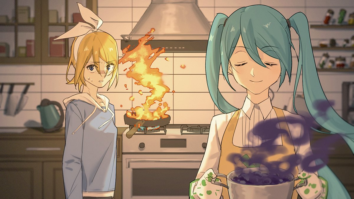 2girls apron aqua_hair bad_food bangs blonde_hair blue_eyes blue_hoodie bow closed_eyes condiment counter explosion fire frying_pan hair_between_eyes hair_bow hatsune_miku holding holding_pot hood hoodie indoors kagamine_rin kitchen kitchen_knife multiple_girls nervous oven_mitts pot shelf smile smoke stove sweatdrop swept_bangs toaster turn_pale twintails vocaloid wounds404