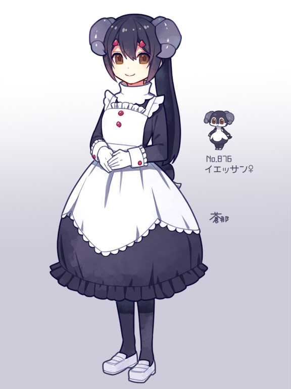 1girl aona_(noraneko) apron bangs black_hair brown_eyes character_name dress frills gloves hair_ornament hairclip high_collar horns humanization indeedee indeedee_(female) loafers long_hair long_sleeves maid own_hands_together pantyhose pokemon ponytail shoes signature smile solo
