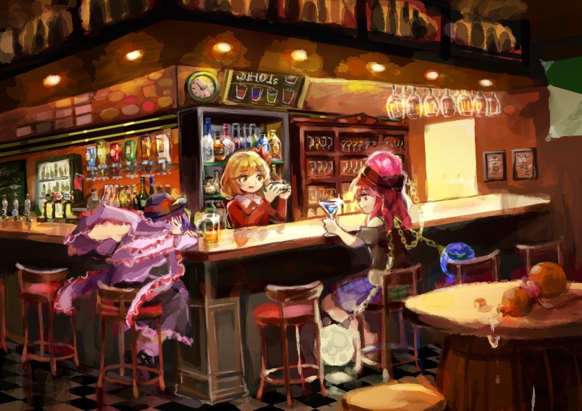3girls aki_shizuha alcohol bar bartender beer black_footwear black_headwear black_shirt black_skirt blonde_hair blue_skirt bottle capelet chain clock cocktail_glass cocktail_shaker collar collared_dress commentary counter cup dress drinking_glass food frilled_capelet frilled_skirt frills fruit full_body green_skirt hat hat_ribbon hecatia_lapislazuli holding holding_cup long_sleeves medium_hair multicolored_clothes multicolored_skirt multiple_girls nagae_iku off-shoulder_shirt off_shoulder one-hour_drawing_challenge picture_(object) picture_frame piyo_(sqn2idm751) plaid plaid_skirt purple_hair purple_shirt red_dress red_eyes red_hair red_ribbon refrigerator ribbon shirt short_hair skirt sleeping stool t-shirt table touhou white_collar white_legwear wine_glass yellow_eyes