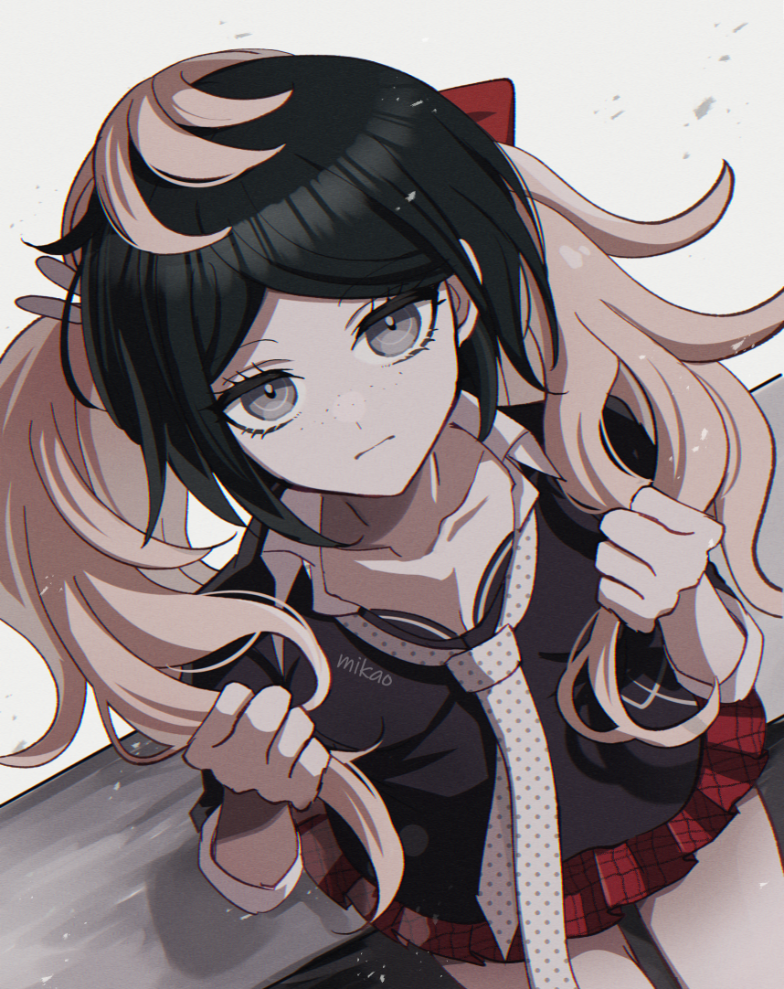 1girl bangs black_hair black_shirt blonde_hair bow collarbone cosplay danganronpa:_trigger_happy_havoc danganronpa_(series) enoshima_junko enoshima_junko_(cosplay) foreshortening freckles from_above grey_background grey_eyes ikusaba_mukuro looking_at_viewer looking_up mikao_(eanv5385) miniskirt plaid plaid_skirt polka_dot_necktie red_skirt shiny shiny_hair shirt short_hair simple_background sitting skirt solo wig